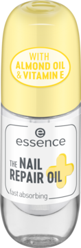 Essence The Nail Repair Oil, przezroczysta butelka z żółtą nakrętką, z migdałowym olejkiem i witaminą E.