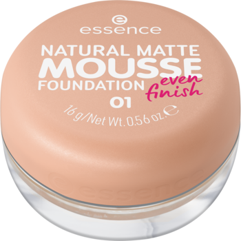 Okrągły słoiczek matującego podkładu Essence Natural Matte Mousse Foundation 01 w odcieniu nude, widok z góry.