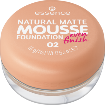 Podkład Essence Natural Matte Mousse 02 w beżowym słoiczku, widok lekko z góry, ukazuje matowy mus.