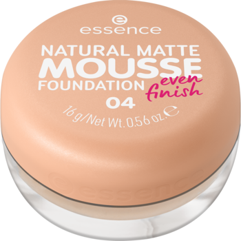 Podkład w musie Essence Natural Matte Mousse 04, jasnobeżowy słoiczek, widok z góry, matowy efekt.