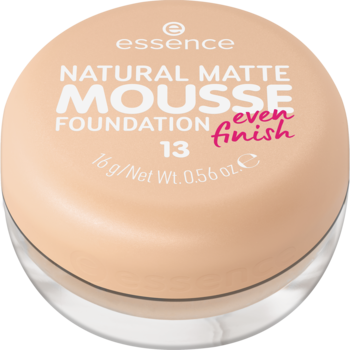 Podkład Essence Natural Matte Mousse 13 w jasnobeżowym, okrągłym słoiczku, daje matowe wykończenie. Widok z góry.