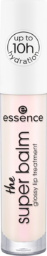 Essence The Super Balm glossy lip treatment w przezroczystej tubce, z napisem "up to 10h hydration", widok z przodu.