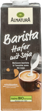 Alnatura Barista, czarny karton napoju owsiano-sojowego UHT do kawy, z obrazkiem filiżanki.