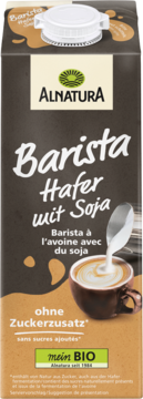 ALNATURA Barista Hafer mit Soja, BIO napój owsiano-sojowy bez cukru do kawy. Ciemny karton, widok z przodu.