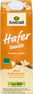 Karton Alnatura Hafer Vanille, pomarańczowy, z ilustracją wanilii, napój owsiany BIO bez cukru, widok z przodu.