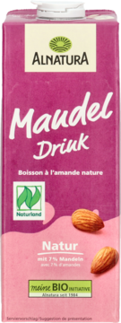 Fioletowy karton Alnatura Mandel Drink, z białym napisem 'Mandel Drink', ilustracją migdałów i logo Naturlond, widok z przodu.
