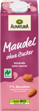 Alnatura Bio napój migdałowy bez cukru, ciemnoróżowy karton z białym tekstem i dwoma migdałami, widok z przodu.