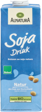 Niebieski karton Alnatura Soja Drink UHT, widok z przodu. Biały napis, zielone logo i ziarna soi.