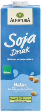 Niebieski karton Alnatura Soja Drink Natur, front, z białym napisem i grafiką z ziaren soi, widok prosty.