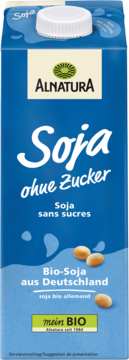 Alnatura Soja ohne Zucker, niebieski karton z białym napisem, biała nakrętka, soja bio z Niemiec.