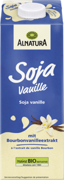 Alnatura Soja Vanille, niebieski karton mleka sojowego z białą nakrętką, widok z przodu. Zawiera wanilię Bourbon.