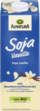 Alnatura Soja Vanille napój sojowy w niebieskim kartonie, przód, z grafiką wanilii.