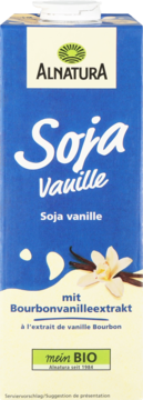 Niebieski karton Alnatura Soja Vanille, widok z przodu. Napój sojowy z ekstraktem Bourbon waniliowym, bio.