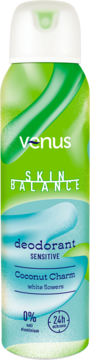 Venus Skin Balance dezodorant Coconut Charm dla wrażliwej skóry, 0% aluminium, zielono-niebieska puszka z przodu.