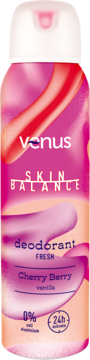 Dezodorant Venus Skin Balance Cherry Berry Vanilla, różowo-czerwona butelka, widok z przodu, z napisem 0% aluminium.