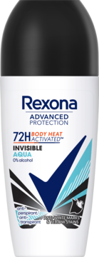 Rexona Advanced Protection Invisible Aqua 72h roll-on, biała butelka z czarnym kapslem, widok z przodu.