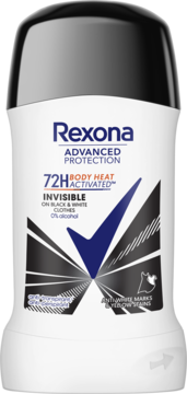 Antyperspirant Rexona Advanced Protection Invisible 72H, biały sztyft z czarną nakładką, widok z przodu.