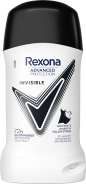 Rexona Advanced Protection Invisible, biały antyperspirant w sztyfcie z czarną nakrętką, 72h ochrony, widok z przodu.