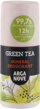 Biały dezodorant roll-on Arganove Green Tea Mineral, widok z przodu. Czarna etykieta, napis 12h.