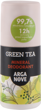 Biały dezodorant roll-on Arganove Green Tea Mineral, widok z przodu. Czarna etykieta, napis 12h.
