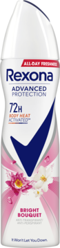 Rexona Advanced Protection Bright Bouquet 72h, biały antyperspirant w sprayu z kwiatami, widok z przodu.