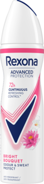 Antyperspirant Rexona Bright Bouquet, biała butelka w sprayu z różowo-niebieskim logo i kwiatami, widok z przodu.