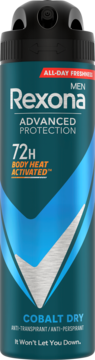Rexona MEN Advanced Protection Cobalt Dry 72h antyperspirant w ciemnoniebieskiej puszce z srebrnym V, z przodu.