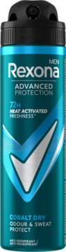 Rexona Men Advanced Protection Cobalt Dry antyperspirant w sprayu, turkusowa puszka z symbolem V, widok z przodu.
