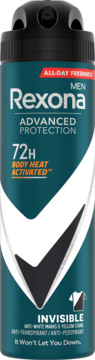 Rexona Men Advanced Protection Invisible 72H dezodorant w ciemnozielonej puszce z białym symbolem V, widok z przodu.