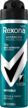 Rexona Men Advanced Protection Invisible antyperspirant w sprayu, turkusowa puszka, 72h ochrona, białe logo, bez plam.