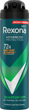 Rexona Men Advanced Protection Quantum Dry, 72h antyperspirant w ciemnoturkusowej puszce z zielonym logo V, widok z przodu.