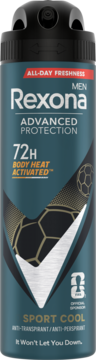 Rexona Men Advanced Protection Sport Cool 72H antyperspirant, turkusowa butelka z piłką, widok z przodu.