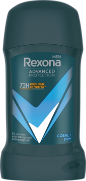 Antyperspirant Rexona Men Advanced Protection Cobalt Dry 72H, ciemny turkusowy sztyft, widok z przodu.