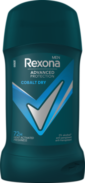 Antyperspirant Rexona Men Cobalt Dry w sztyfcie, ciemnoniebieski z białym logo i detalami, widok z przodu.