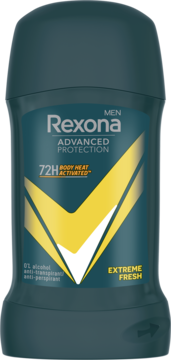 Antyperspirant Rexona Men Extreme Fresh, ciemny sztyft z zieloną etykietą i żółtym znakiem, widok z przodu.