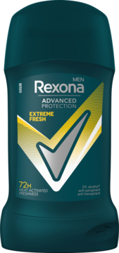 Ciemnozielony antyperspirant Rexona Men Extreme Fresh, sztyft z żółto-szarym znakiem wyboru, 72h ochrony.