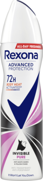 Rexona Advanced Protection Invisible Pure 72h antyperspirant w białej butelce, czarno-różowe wzory, widok z przodu.