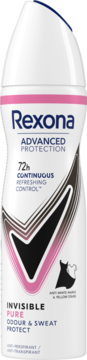 Rexona Advanced Protection Invisible Pure antyperspirant w sprayu, biała butelka z różowo-czarną grafiką, widok z przodu.