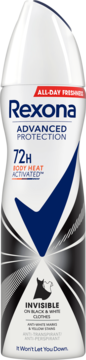 Biała butelka antyperspirantu Rexona Advanced Protection 72h, Invisible Black & White, z niebieskim checkmarkiem.