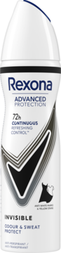Rexona Advanced Protection Invisible, biały antyperspirant w sprayu, przód. Tekst: 72h Continuous Refreshing Control, Odour & Sweat Protect.