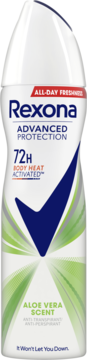 Biały antyperspirant Rexona Advanced Protection 72h Aloe Vera, widok z przodu, z niebieskim logo i zielonymi wzorami.
