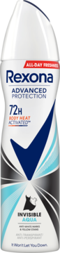 Rexona Advanced Protection Invisible Aqua 72h antyperspirant spray, biała butelka z niebieskim logo i ikoną ubrań.
