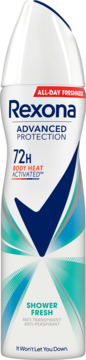 Rexona Advanced Protection 72h Shower Fresh antyperspirant, biała butelka z niebieskim checkiem.