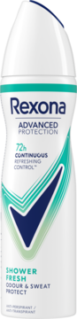 Rexona Advanced Protection Shower Fresh 72h antyperspirant w sprayu, biała butelka z zielono-niebieskimi detalami, widok z przodu.