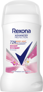 Biały antyperspirant w sztyfcie Rexona Advanced Protection Bright Bouquet z różowo-białymi kwiatami, widok z przodu.