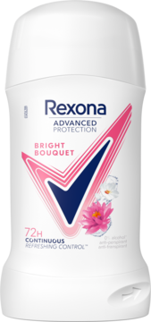 Antyperspirant Rexona Advanced Protection Bright Bouquet w białym sztyfcie, z przodu, różowo-niebieski symbol V i kwiaty.