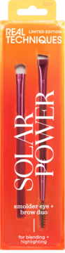 Real Techniques Solar Power duo brushes in clear pack, front. For blending + highlighting eyes.