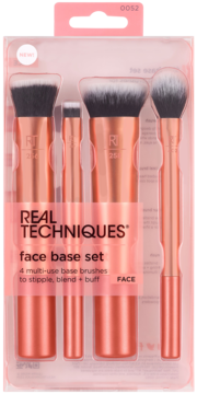 Zestaw 4 pędzli Real Techniques Face Base w opakowaniu, różowo-złote rączki, biało-czarne włosie.