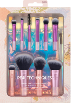 Real Techniques Travel Fantasy Mini Brush Kit, 10 pędzli do twarzy i oczu w iryzującej kosmetyczce, widok z przodu.