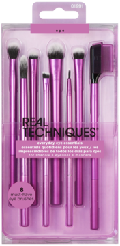 Zestaw 8 pędzli do oczu Real Techniques Everyday Eye Essentials w metaliczno-fioletowym kolorze, w opakowaniu typu blister.